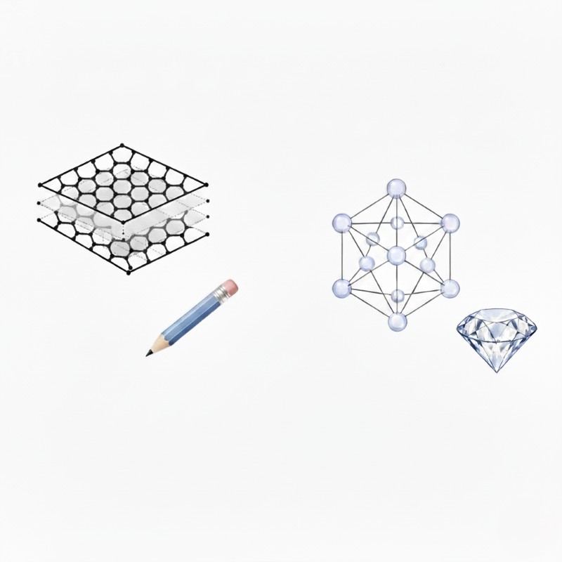 グラファイト(層状構造)とダイヤモンド(立体構造)の原子結合の比較図
