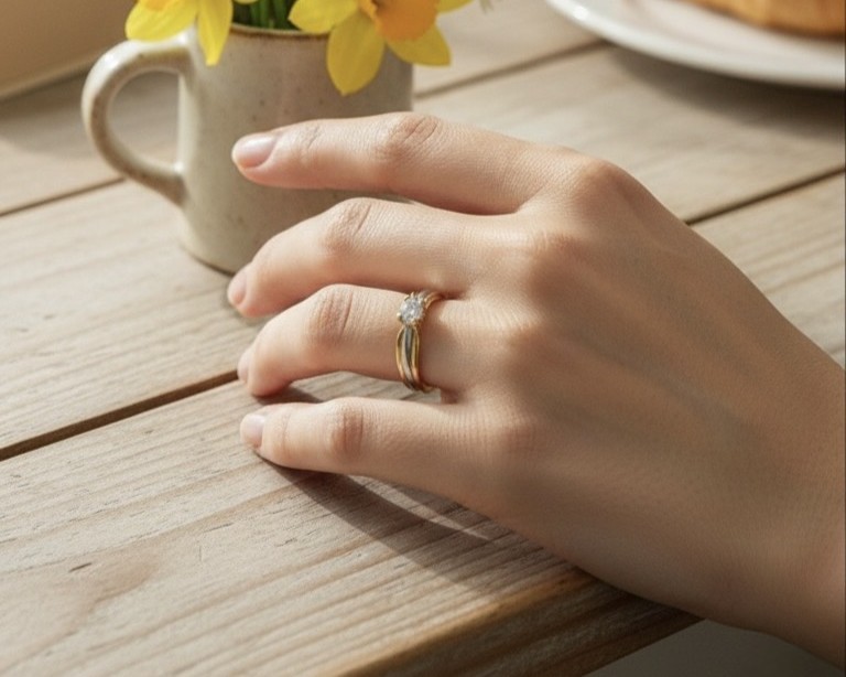 メモリアルダイヤモンドの指輪を身につけ、柔らかな光の中で手を置く様子