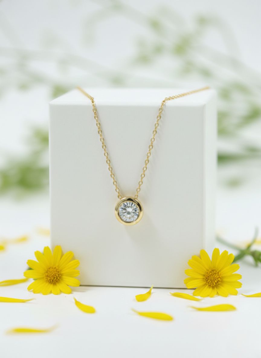 清潔感のある白いスクエアボックスに掛けられた、一粒ダイヤモンドのゴールドネックレス