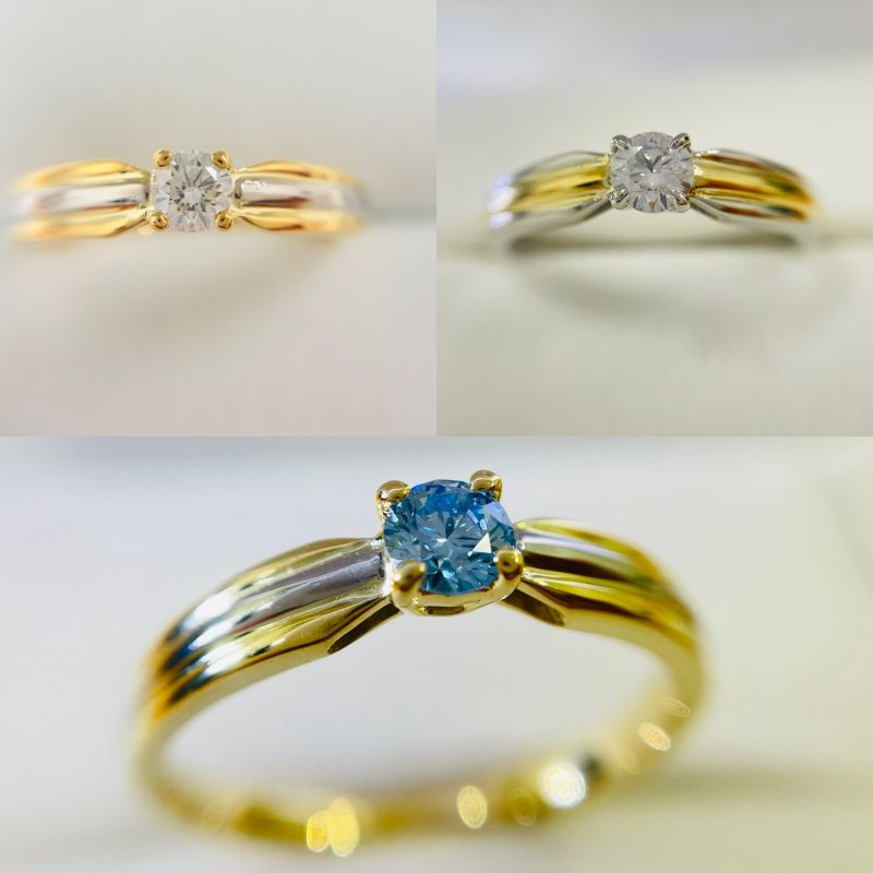 MDR-105の2色コンビネーションリング、地金の組み合わせやダイヤの色の違いによって印象が変わる。