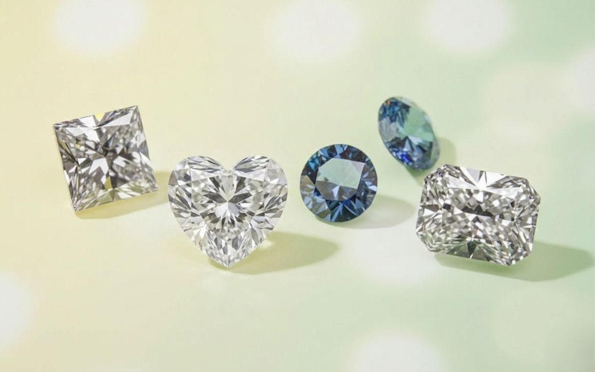 プリンセス、ハート、ラウンド、ラディアントなど、様々なカットが施された透明およびブルーのメモリアルダイヤモンド