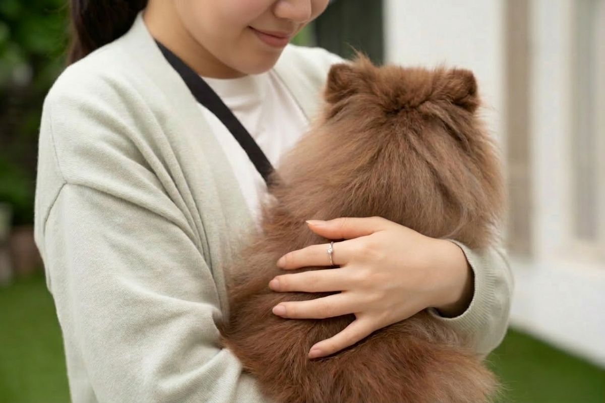 大切な家族であるワンちゃんを抱きかかえながら優しく微笑む女性。指にはメモリアルダイヤモンドのリング