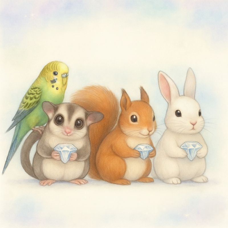 寄り添いながら大切そうにダイヤモンドを抱えるフクロモモンガ、リス、ウサギ、インコのイラスト